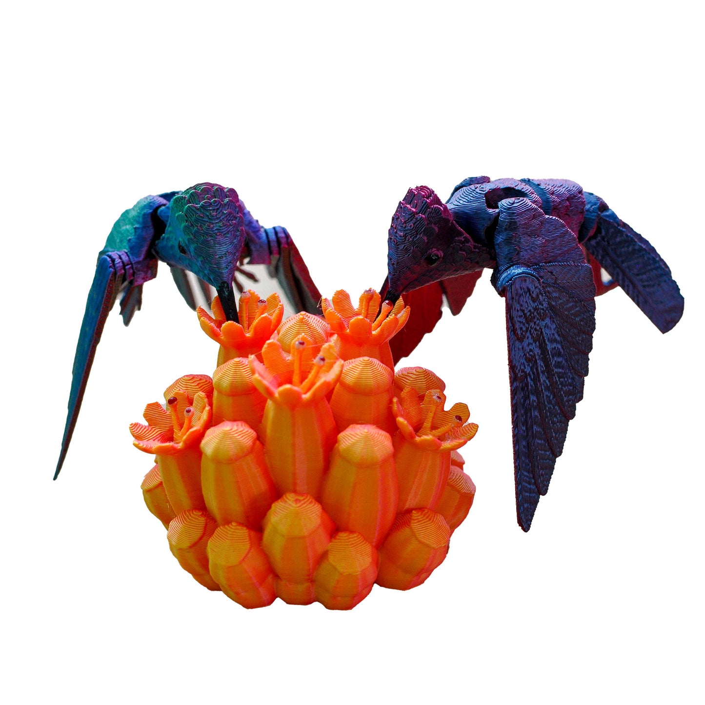 Pereche de păsări Colibri, articulate, imprimate 3D, set cu floare suport